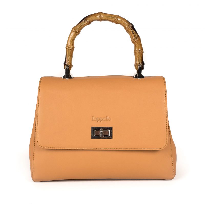 Lappella luxury soft Valentino leather grab bag in Camel. Front shot.