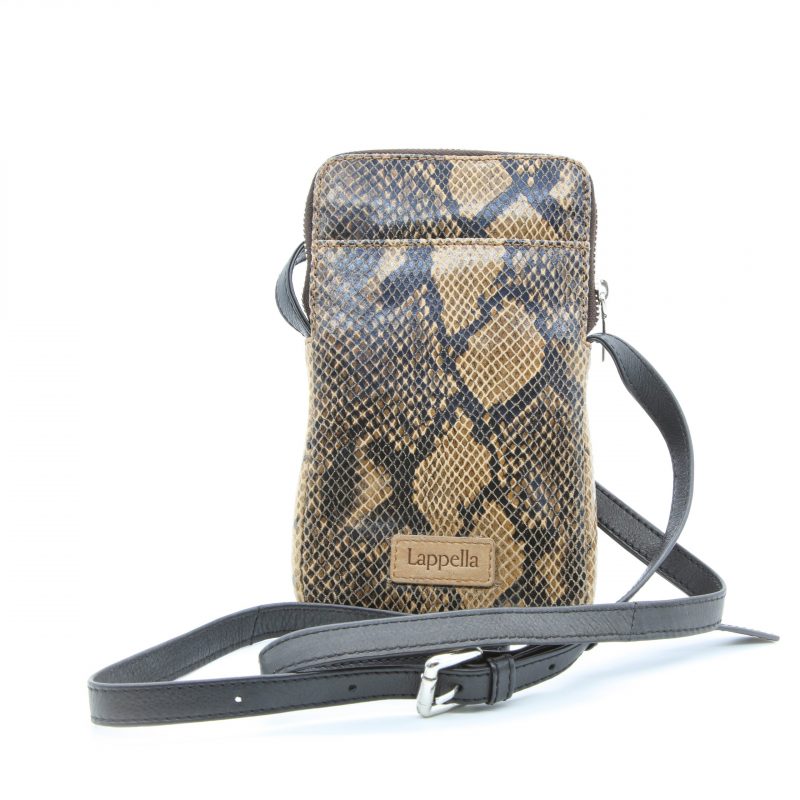 Lappella Mia crossbody phone bag in luxury soft Valentino leather in brown snake.