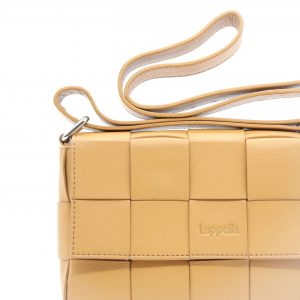 Lappella Alicia luxury soft Valentino leather crossbody bag in Camel. half shot.
