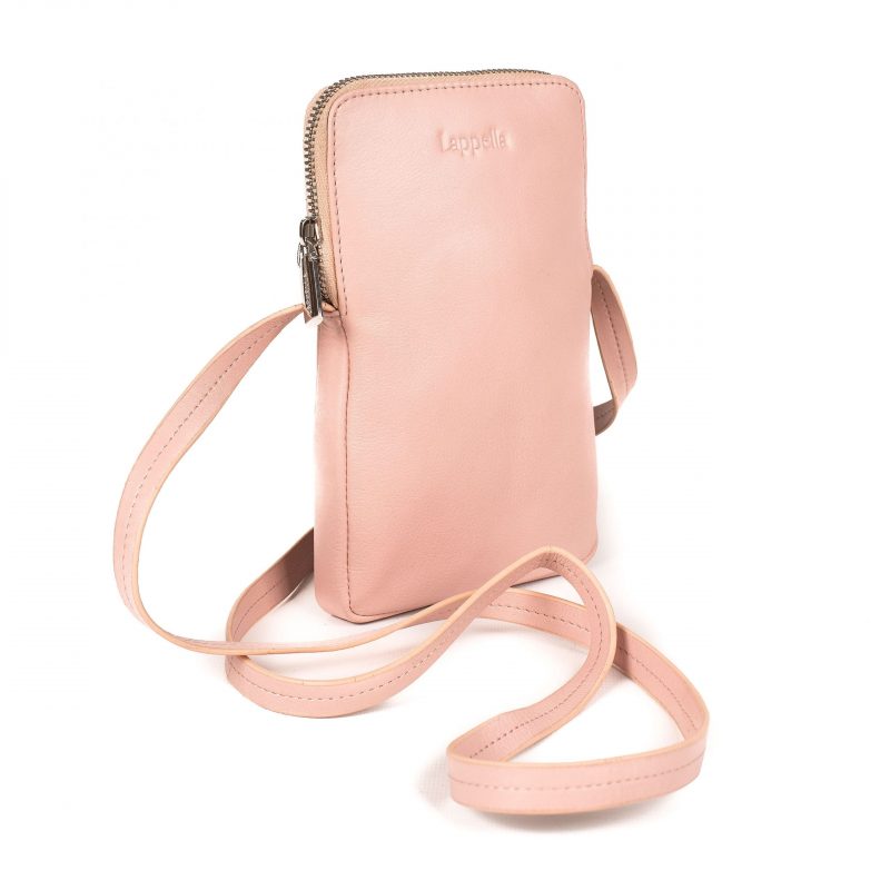 Lappella Mia crossbody phone bag in luxury soft Valentino leather in blush pink. Angled shot.