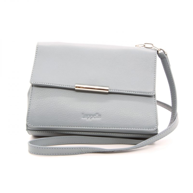Lappella luxury soft Valentino leather Pippie crossbody bag in silver .Front shot.