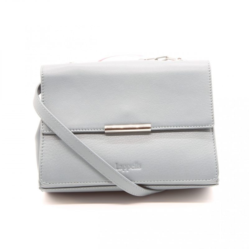 Lappella luxury soft Valentino leather Pippie crossbody bag in silver. Front shot, strap across