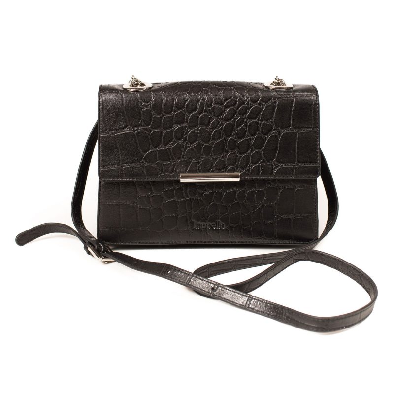 Lappella luxury soft Valentino leather Pippie crossbody bag in black croc leather. Front shot.