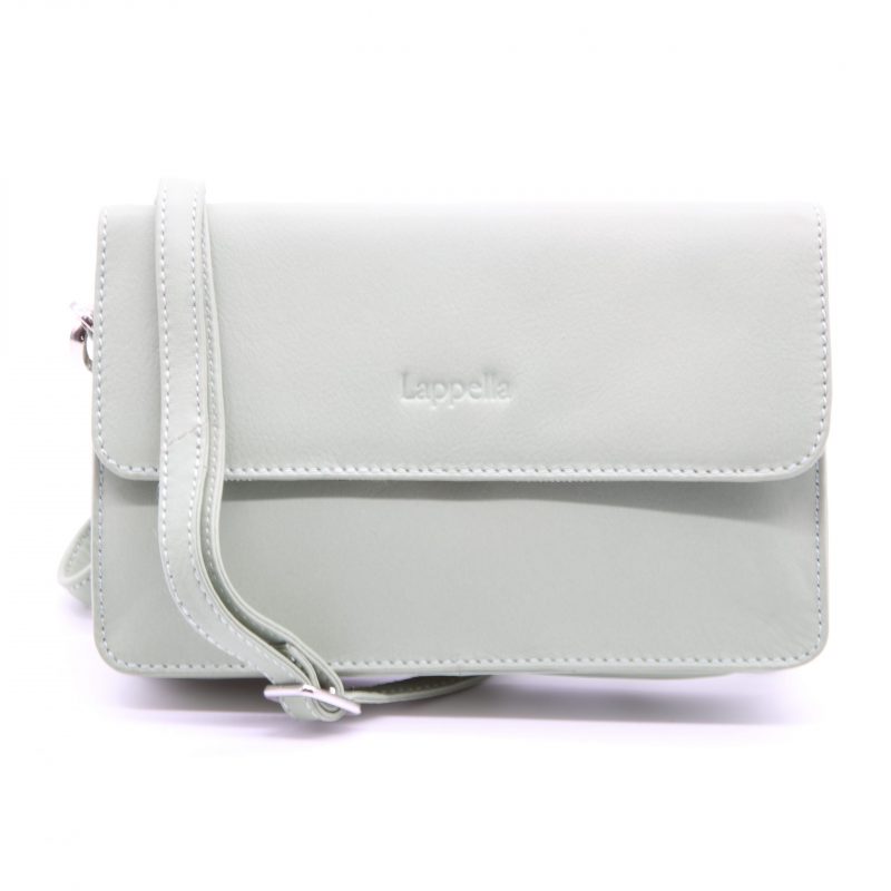 Lappella luxury soft Valentino leather Sofia crossbody bag in silver. Front shot with strap.
