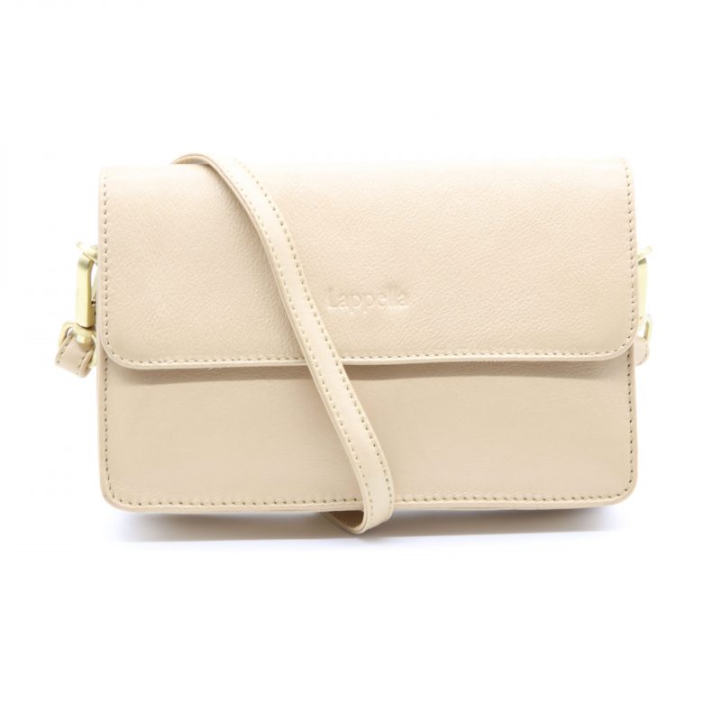 Lappella luxury soft Valentino leather Sofia crossbody bag in pearl .Front shot with strap.
