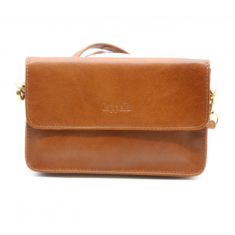 Sofia soft leather crossbody bag in tan. Closed front shot