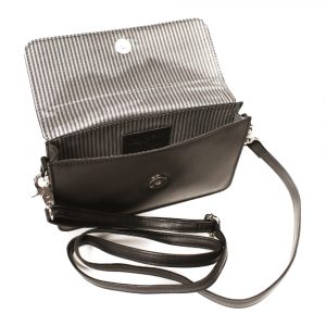 Sofia soft leather crossbody bag in black leather. Open shot
