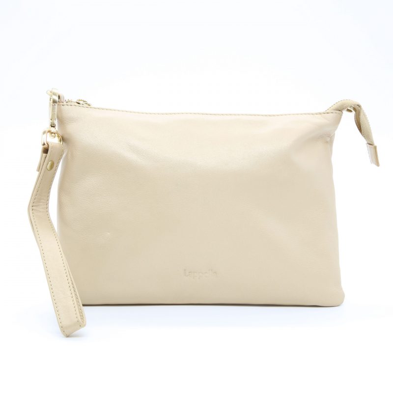 Lappella Yasmin luxury soft leather crossbody/ clutch bag in gold. No strap across