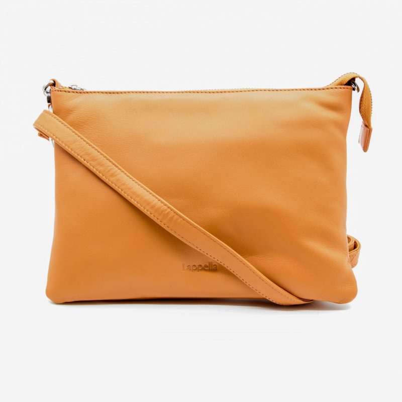 Lappella Yasmin luxury soft leather crossbody/ clutch bag in Camel. Strap across front