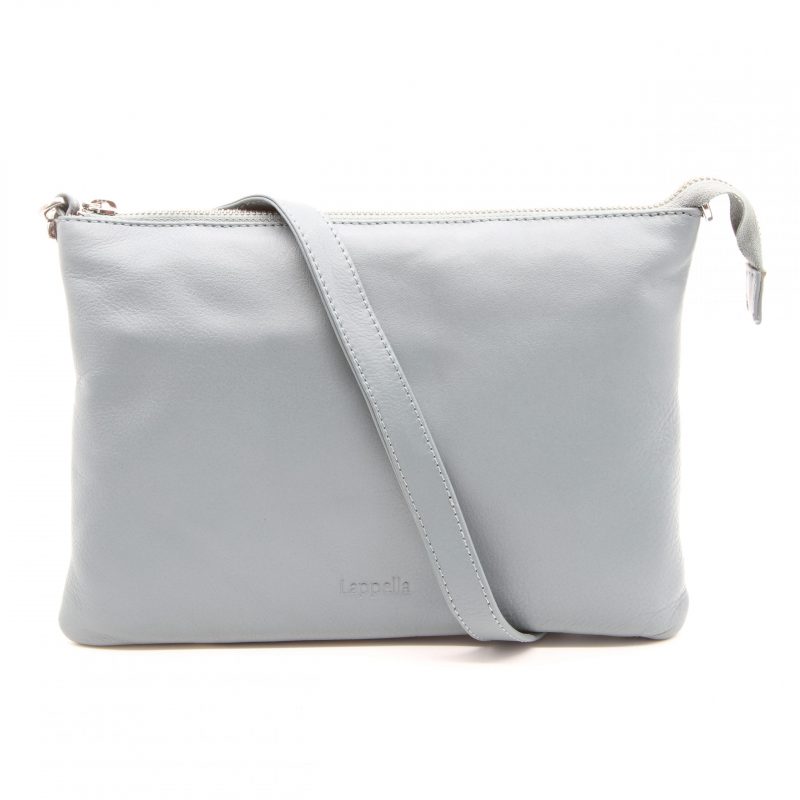 Lappella Yasmin luxury soft leather crossbody/ clutch bag in smoke grey .With strap across.