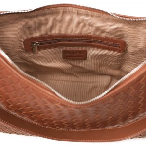Amelia weave leather tote bag in tan. Open shot