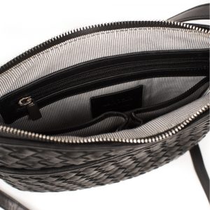 Daisy weave leather crossbody bag in black. Open shot