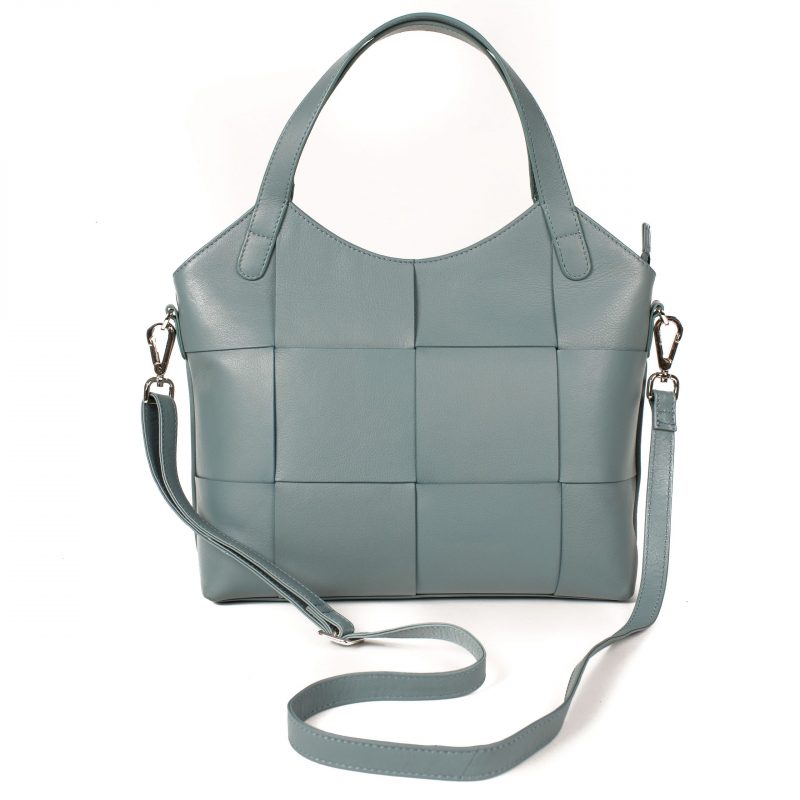 Lappella Isabella luxury soft leather shopper bag in morning blue. Front shot with strap.