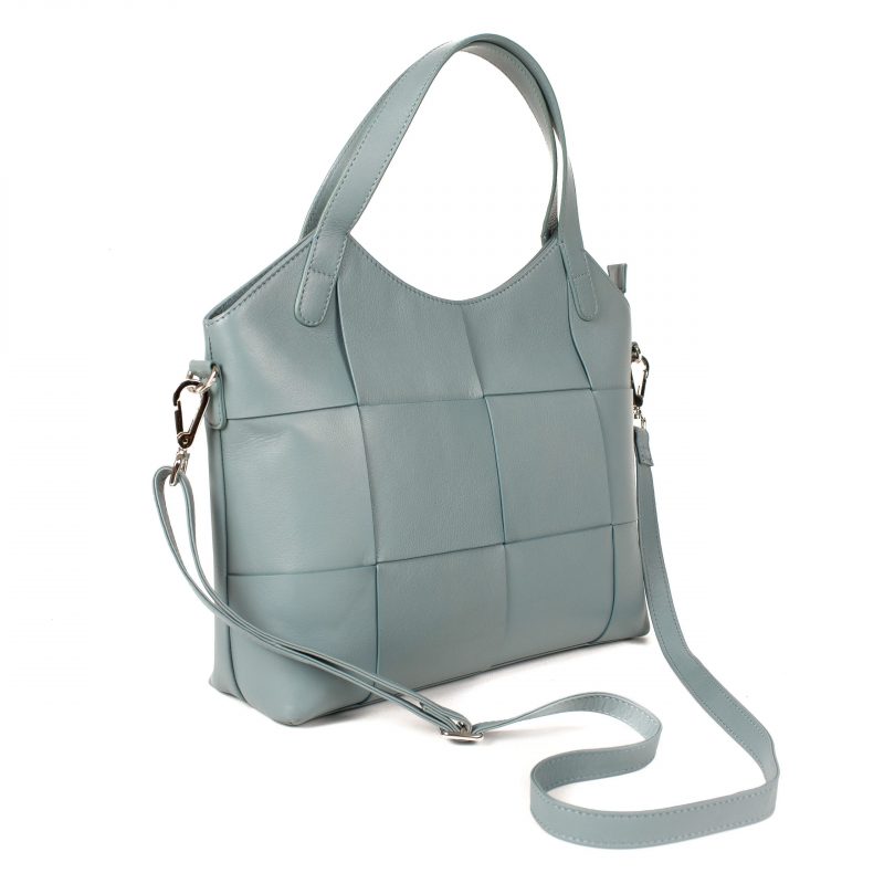 Lappella Isabella luxury soft leather shopper bag in morning blue. Angled shot.