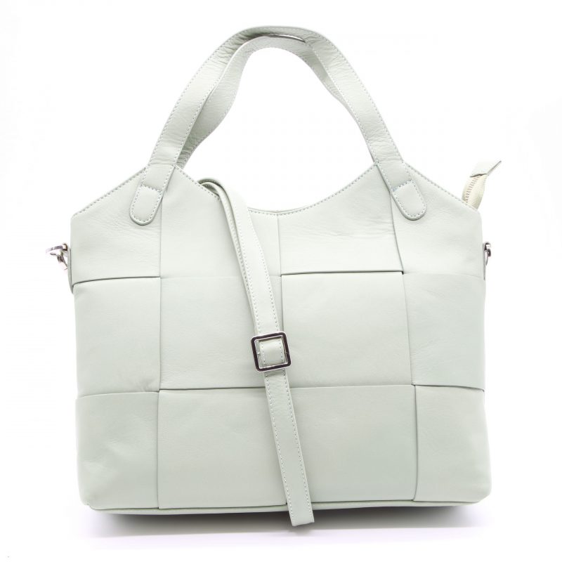 Lappella Isabella luxury soft leather shopper bag in mint green. Front shot with strap.