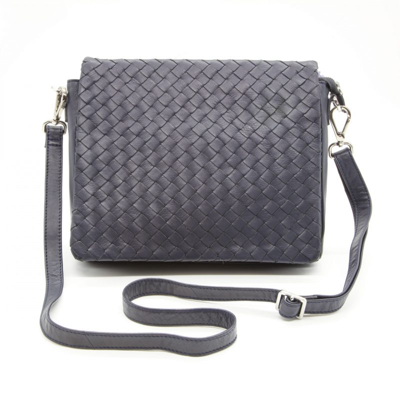 Lappella luxury soft leather Layla organiser bag in navy weave leather. Front shot.