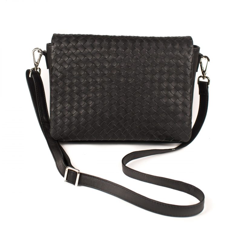 Lappella luxury soft leather Layla organiser bag in black weave leather. Front shot.