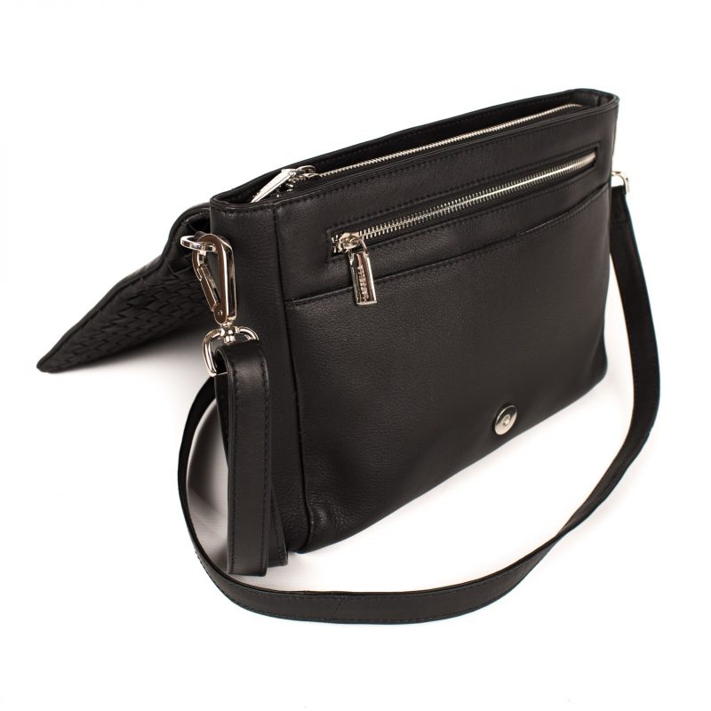 Lappella luxury soft leather Layla organiser bag in black weave leather. Open shot.