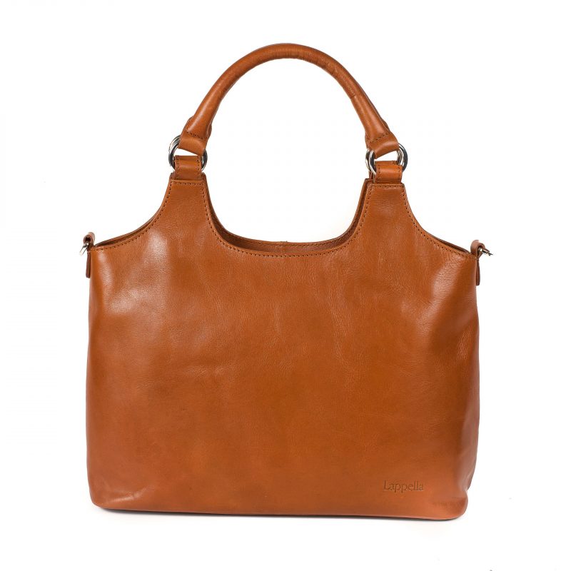 Lappella Olivia luxury soft leather tote bag in tan. Front shot, no strap.