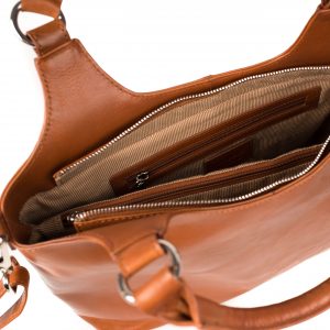 Lappella Olivia luxury soft leather tote bag in tan. Open shot part.