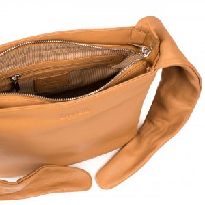 Lappella Saskia luxury soft leather grab bag in camel. Open shot part
