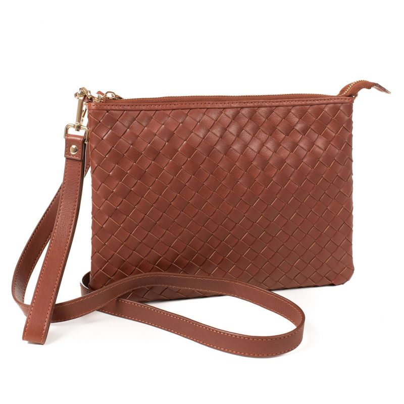 Lappella Yasmin luxury soft leather crossbody/ clutch bag in tan weave. Angled shot.