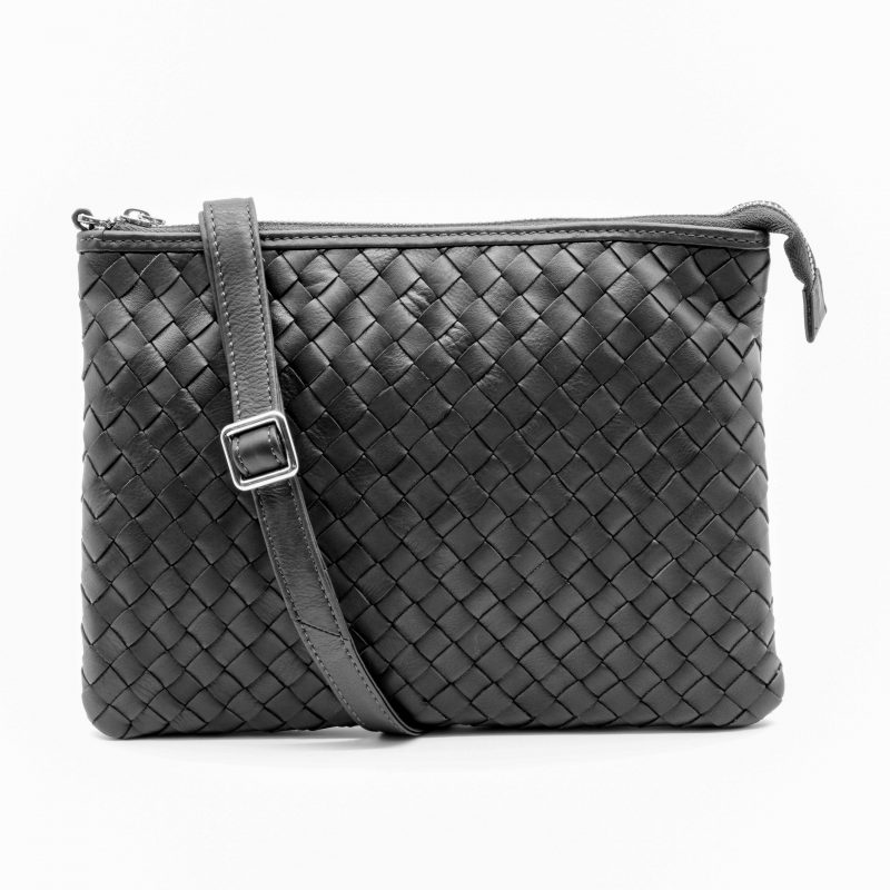Lappella Yasmin luxury soft leather crossbody/ clutch bag in black weave. Strap across.