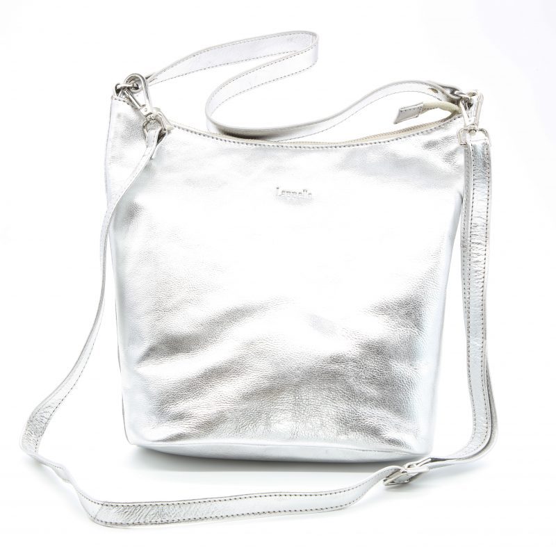 Anastasia hobo bag in luxury soft silver leather. Front shot.