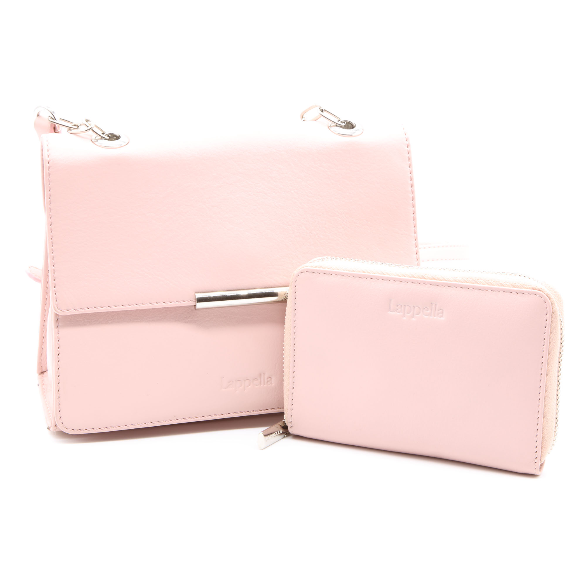 Pippie crossbody bag and Mia zip round purse in luxury soft blush pink leather.