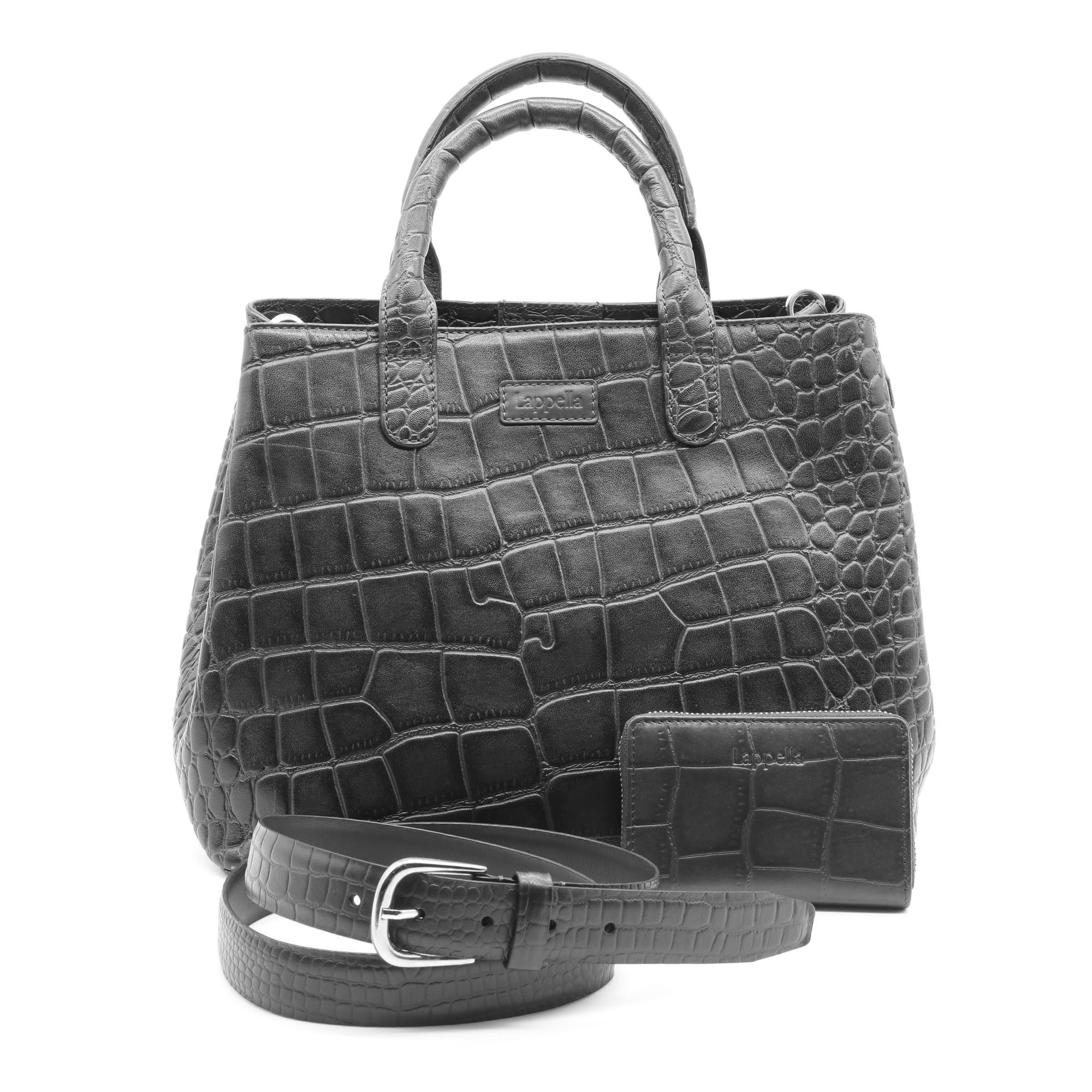Lappella luxury soft croc leather Thea tote, Elisia purse and Mila belt in navy.