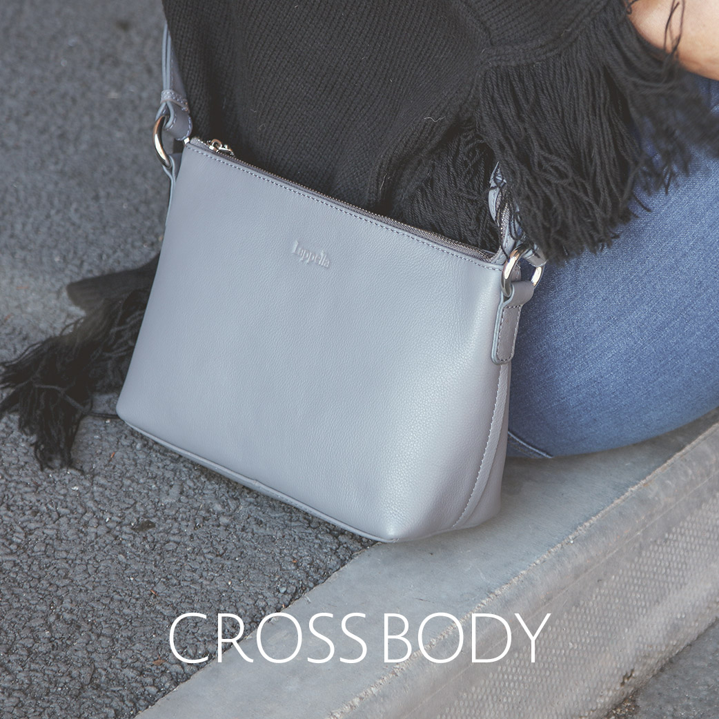 Harriet crossbody bag in luxury soft Smoke grey leather.