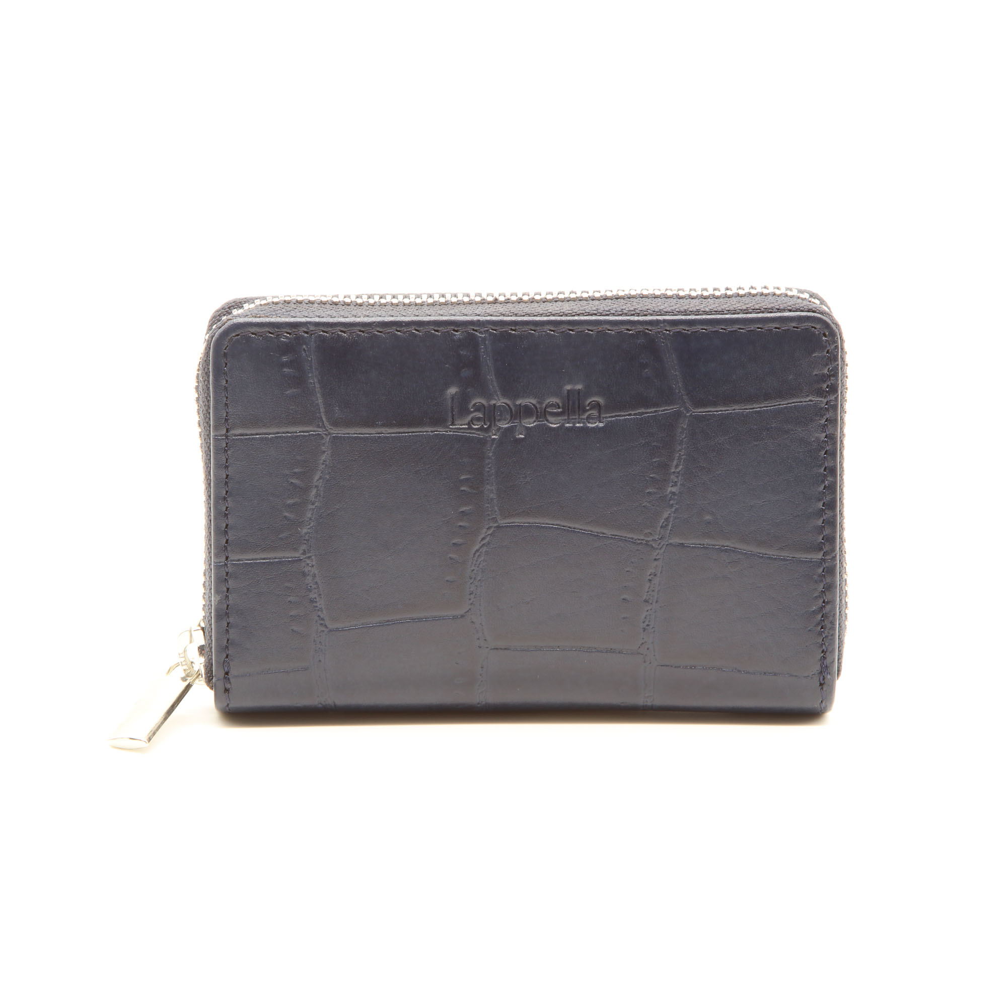 Eva small zip round purse in navy croc print leather.