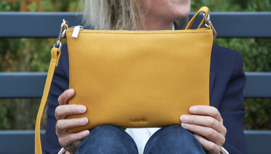 Yasmin crossbody bag in Mustard soft leather lifestyle shot